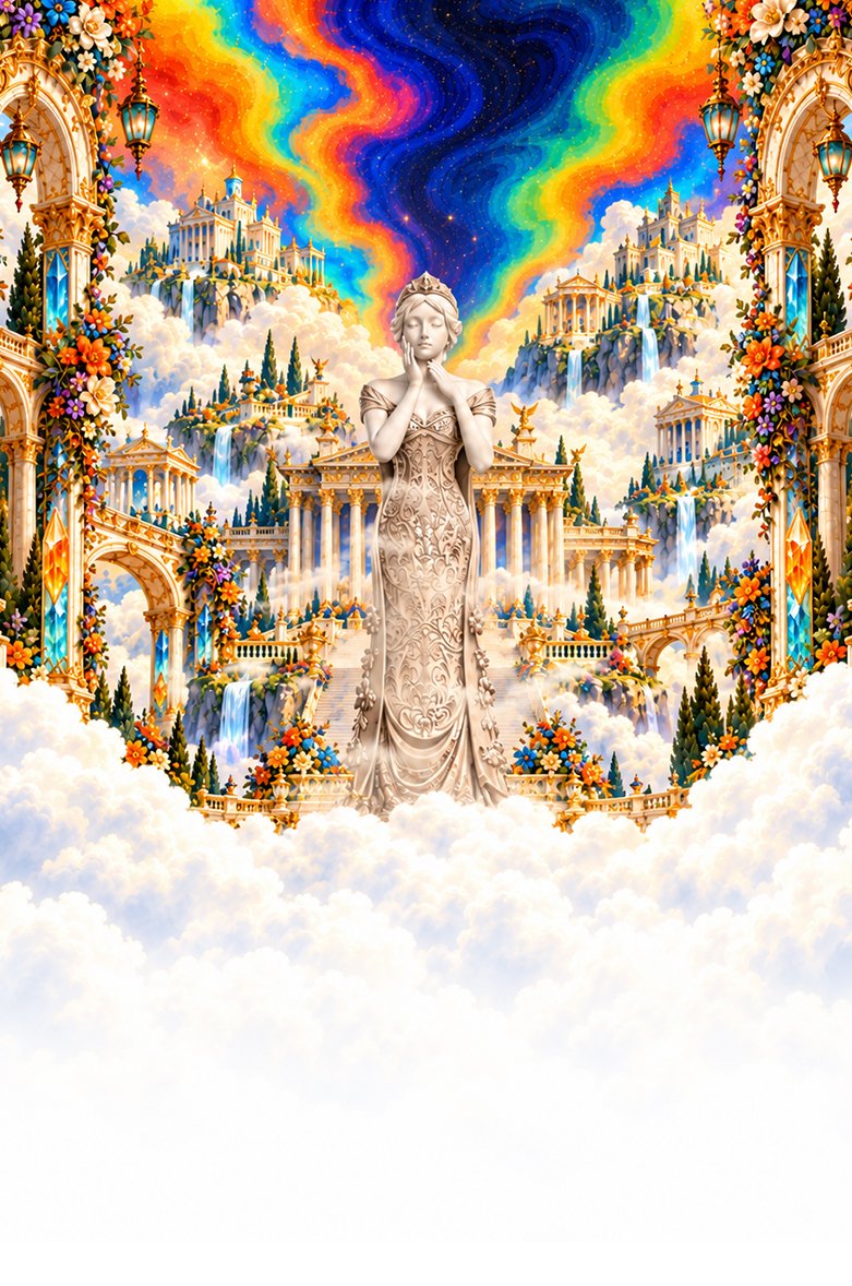 MUSE illustration world with colourful skies, golden architecture and clouds